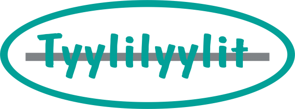 Tyylilyylit logo tekstattuna, ovaali, turkoosi ja harmaa taustaviiva